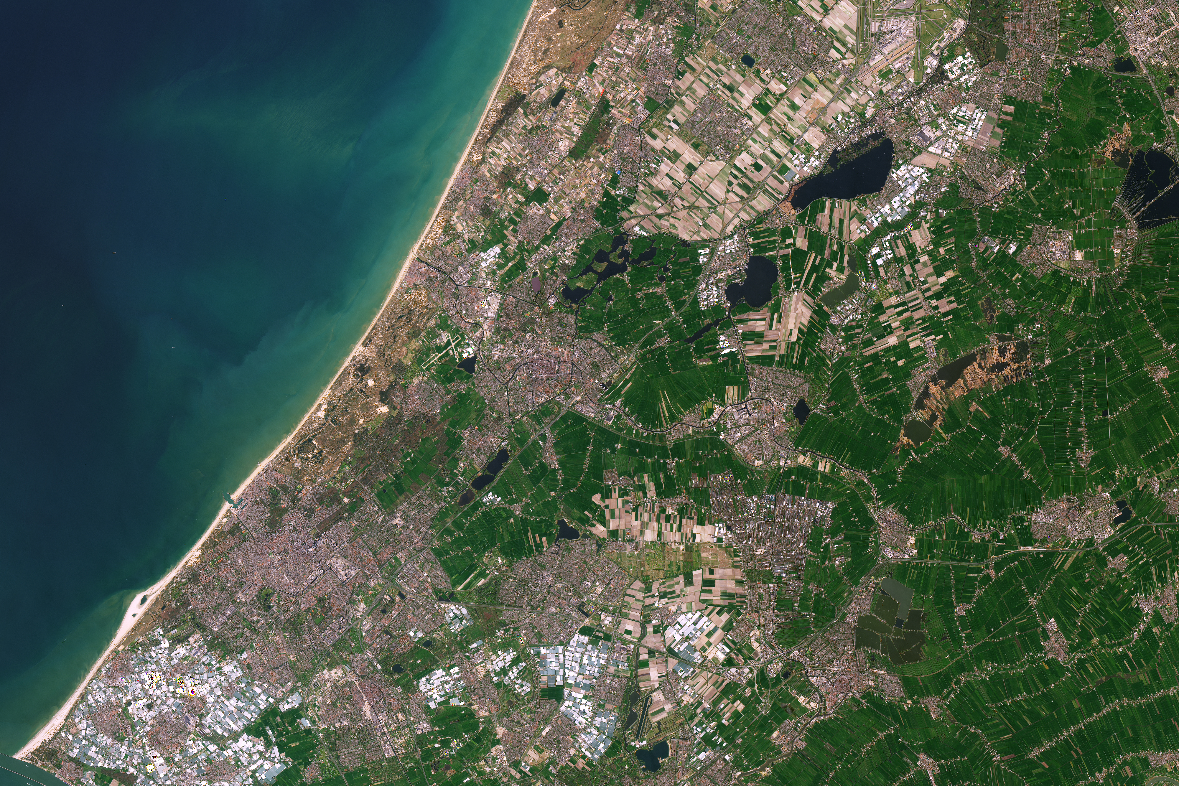 On April 9, 2017, the Operational Land Imager (OLI) on Landsat 8 captured these images of the countryside roughly 40 miles (65 kilometers) southwest of the Dutch capital. Entire fields of bright reds and yellows stand out against the surrounding brown and green terrain. (The blue square in the image below is the roof of a nearby factory building.) The flowers bloom for several weeks, peaking in late April.