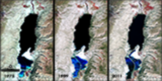 The expansion of massive salt evaporation projects on the Dead Sea are clearly visible in this time series of images taken by Landsat satellites operated by NASA and the U.S. Geological Survey. This false-color image was captured by the Landsat 1, 4 & 7 satellites.