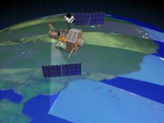 An image showing a sequential set of TRMM data swaths on a globe along with the TRMM satellite.