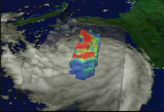 A fly-in to Hurricane Bonnie on August 25, 1998, showing the three-dimensional structure of the precipitation as measured by the Precipitation Radar instrument on TRMM.  In this animation, a surface of constant precipitation is colored by the value of the precipitation on the ground under the surface.  The global cloud cover data was measured by GOES.