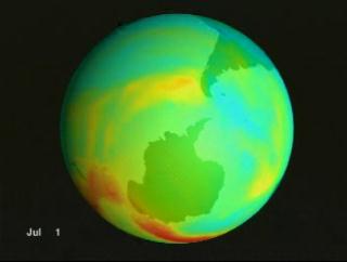 Total ozone over Antarctica for the period July 1, 1998 through October 1, 1998 as measured by Earth Probe TOMS.  Dark blue represent regions of low ozone and red represents regions of high ozone.