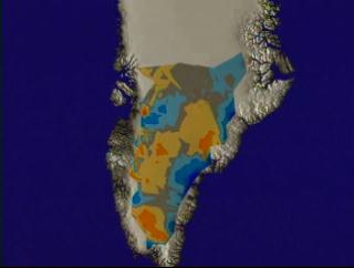 Zoom-down to the east coast of Greenland showing changes in ice thickness from 1993-1994 to 1998-1999 as measured by the Airborne Topographic Mapper