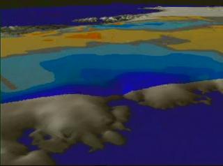 Zoom-out from the east coast of Greenland showing changes in ice thickness from 1993-1994 to 1998-1999 as measured by the Airborne Topographic Mapper