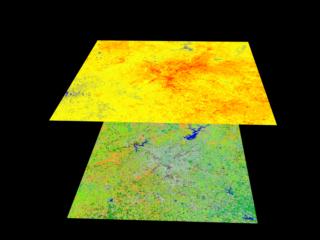 Correlated thermal and land use data of the region around Atlanta as measured by LAndsat, where the top image is thermal data and the bottom is land use.