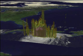 A fly in to a set of nested 3D isosurfaces of constant precipitation density for Hurricane Bonnie, measured by TRMM on August 22, 1998