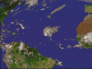 A fly-in to Hurricane Alberto on August 8, 2000, showing the three-dimensional structure of the precipitation as measured by the Precipitation Radar instrument on TRMM.  In this animation, a surface of constant precipitation is colored by the value of the precipitation on the ground under the surface.  The global cloud cover data was measured by GOES.