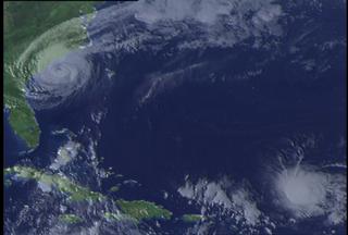 An image of the clouds of Hurricane Bonnie taken by GOES on August 26, 1998