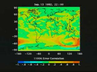 Error Correlation between a material particle and all other grid points for September 6, 1992 to September 14, 1992 derived from CLAES and the GEOS-DAS