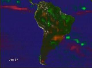 Monthly average precipitation anomalies over South America as measured by TRMM for January 1997 through February 1998