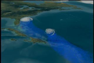 Two hurricances approaching the coast of the United States, with the second hurricance slowed due to cooler waters caused by the track of the first.