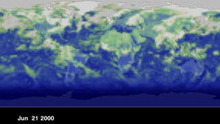 View of the Earth in RSR data for June 21, 2000.  It is the peak of summer in the northern hemisphere and the peak of winter in the southern hemisphere