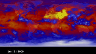 View of the Earth in OLR data on June 21, 2000.  It is the peak of summer in the northern hemisphere and the peak of winter in the souther hemisphere.