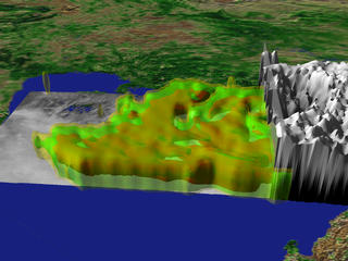 A view of the precipitation data as the cloud layer peels away.  Looking northwest.