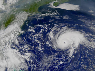 A wide view of Hurricane Erin from SeaWiFS, taken September 10, 2001.  This image shows the eye to be located 200 kilometers due east of Bermuda.