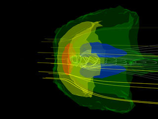 A profile view of the magnetosphere.  The Sun would be located to the left.  Lines from the Earths magnetic field are stretched out behind the Earth to form the magnetotail.