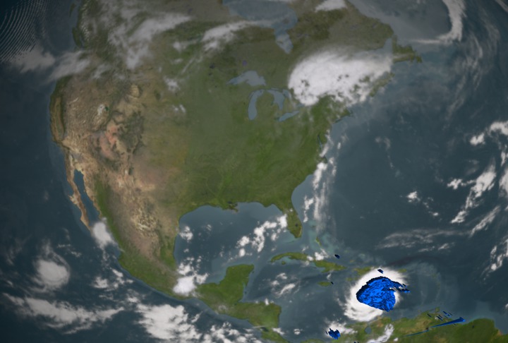 Zooms down to Hurricane Ivan on September 9, 2004. It looks underneath of the storms clouds to reveal the underlying rain structure. Blue represents areas with at least 0.25 inches of rain per hour. Green shows at least 0.5 inches of rain per hour. Yellow is at least 1.0 inches of rain and Red is at least 2.0 inches of rain per hour.