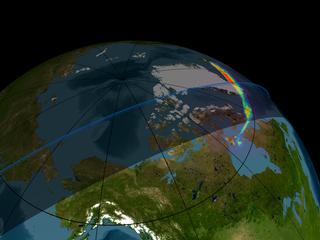 This data was scanned on January 24, 2004 from 20:01:25 UTC till January 24, 2004 20:22:19 UTC.  The blue line near the surface day/night terminator is where the terminator is 100 km from the surface.