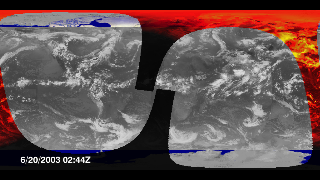 This animation shows 29 orbits (2 days) of CERES measurements of outgoing shortwave radiation, from June 20-21, 2003.  The measurements are superimposed over a global infrared cloud cover composite from the same period.This product is available through our Web Map Service.