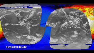 This animation shows net radiation flux corresponding to 29 orbits (2 days) of CERES measurements, from June 20-21, 2003. This data is calculated from CERES outgoing longwave and shortwave measurements, along with a corresponding calculated incoming solar flux.  The measurements are superimposed over a global infrared cloud cover composite from the same period.  This product is available through our Web Map Service.