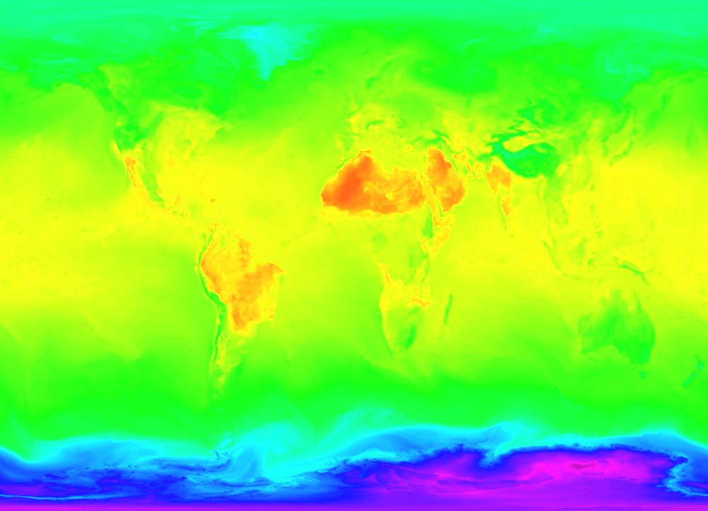 Global surface air temperature from the 0.25 degree resolution fvGCM atmospheric model for the period 9/1/2005 through 9/5/2005.
This product is available through our Web Map Service.