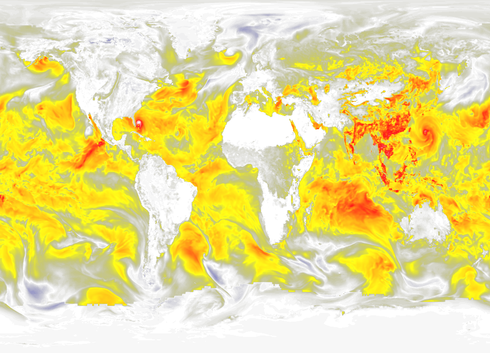 Global surface latent heat flux from the 0.25 degree resolution fvGCM atmospheric model for the period 9/1/2005 through 9/5/2005.This product is available through our Web Map Service.