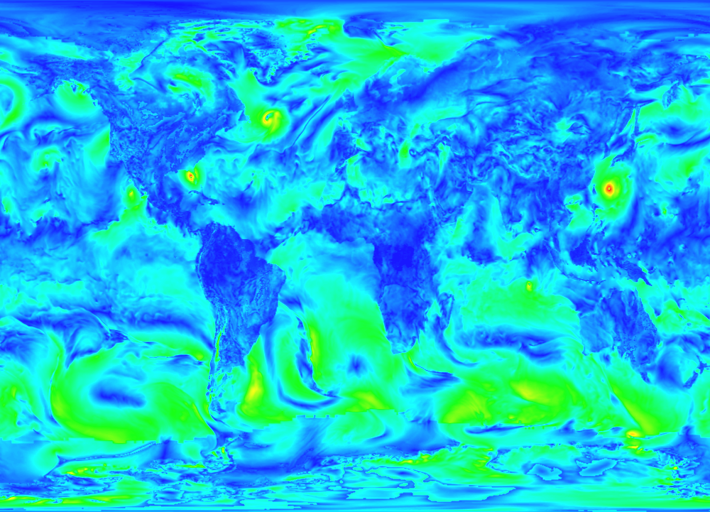 Global surface wind speed from the 0.25 degree resolution fvGCM atmospheric model for the period 9/1/2005 through 9/5/2005.This product is available through our Web Map Service.