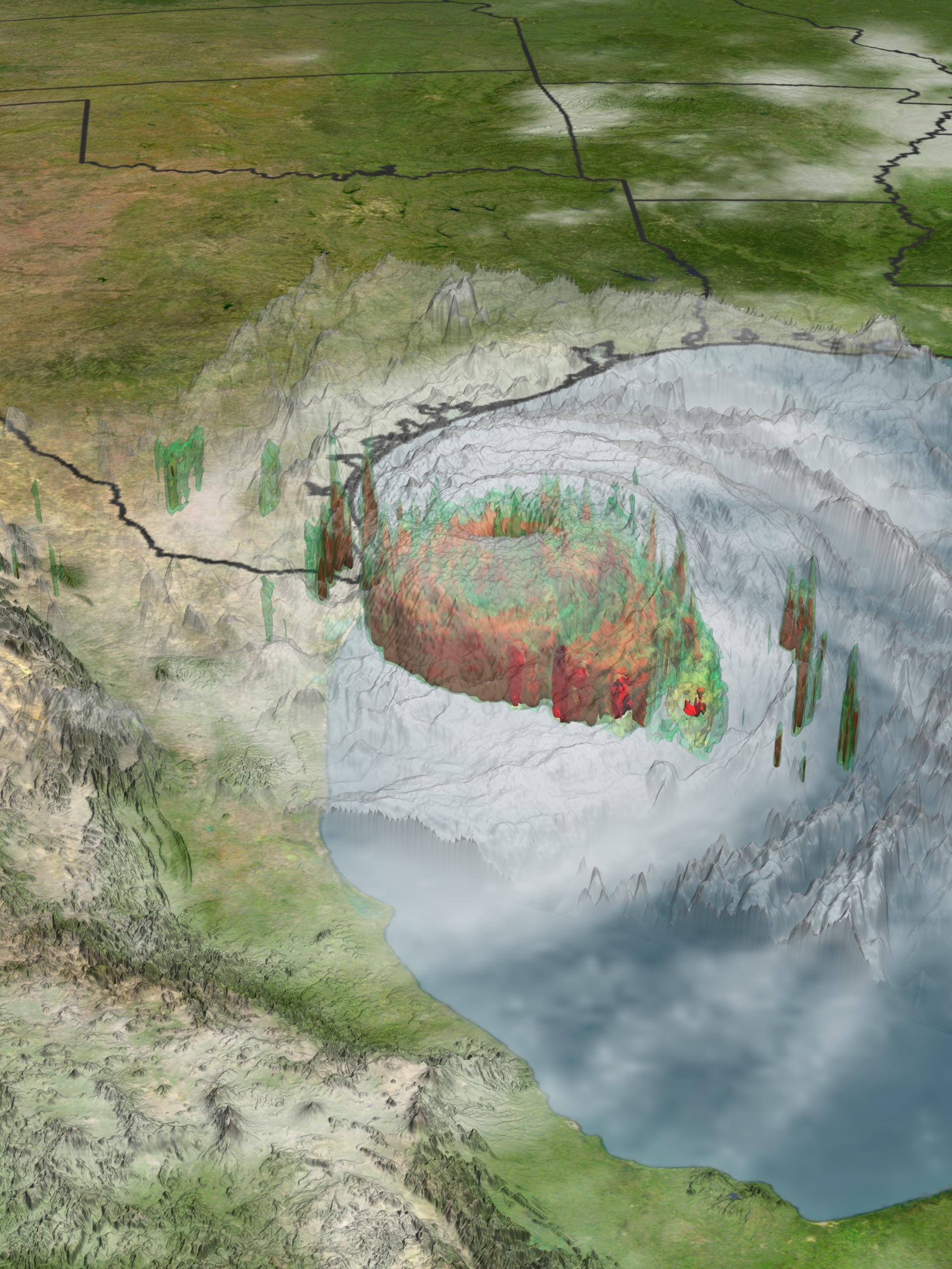 Portrait image of Hurricane Emily as it makes landfall in Mexico.  