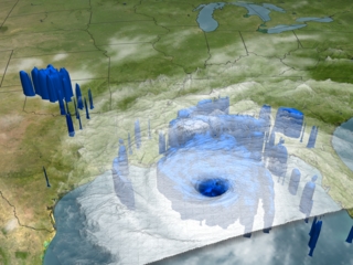 Hurricane Katrina strikes the southeastern Louisiana and the northern gulf coast as a category 4 hurricane. Look under the clouds to see the rainfall that powers the storm. 