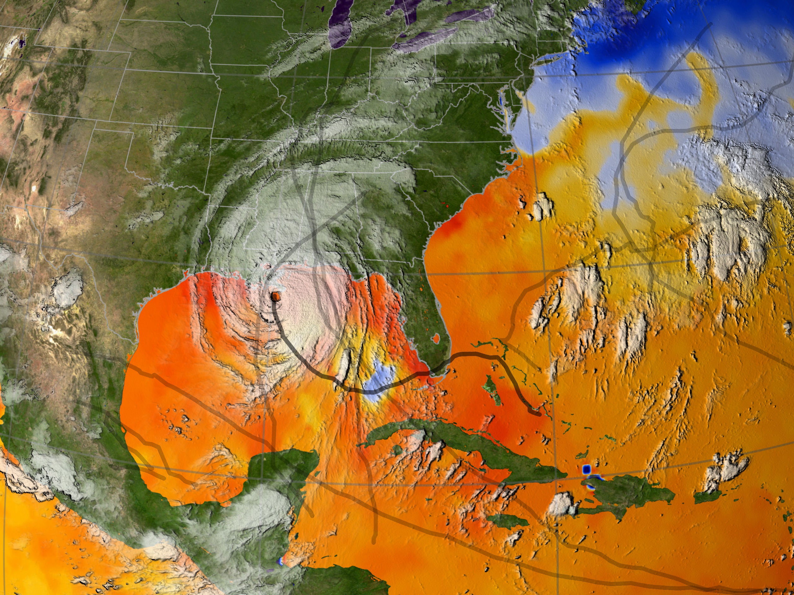 Sea surface temperature with clouds and tracks on Aug 29, 2005