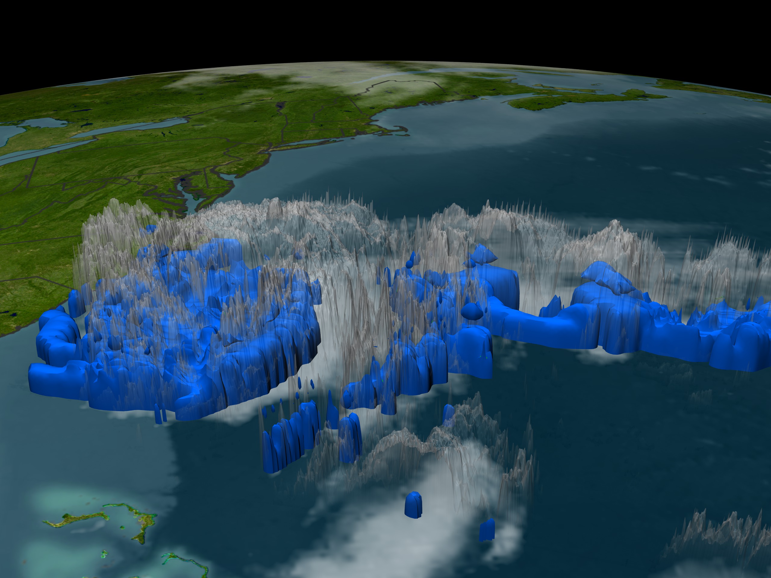 Look under the clouds of Hurricane Ophelia to see the rain that fuels the storm.  Areas of blue indicate regions where 0.5 inches of rain per hour were recorded.