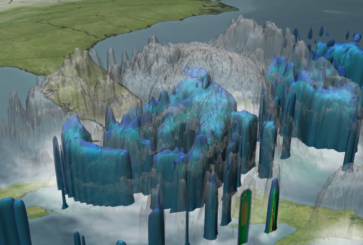 Hurricane Rita on September 20, 2005.  The colored rainbands beneath the clouds depict the rain that fuels the storm.  Blue represents areas where 0.5 inches of rain per hour.  Green represents 1.0 inches per hour.