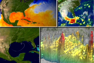 NASA researchers studied several elements during Hurricane Katrina in 2005.  The top left window shows sea surface temperature and clouds.  The bottom left window shows wind analysis model data.   The top right window shows Rainfall Accumulation.  The bottom right window shows Hurricane Katrina's Hot Towers.