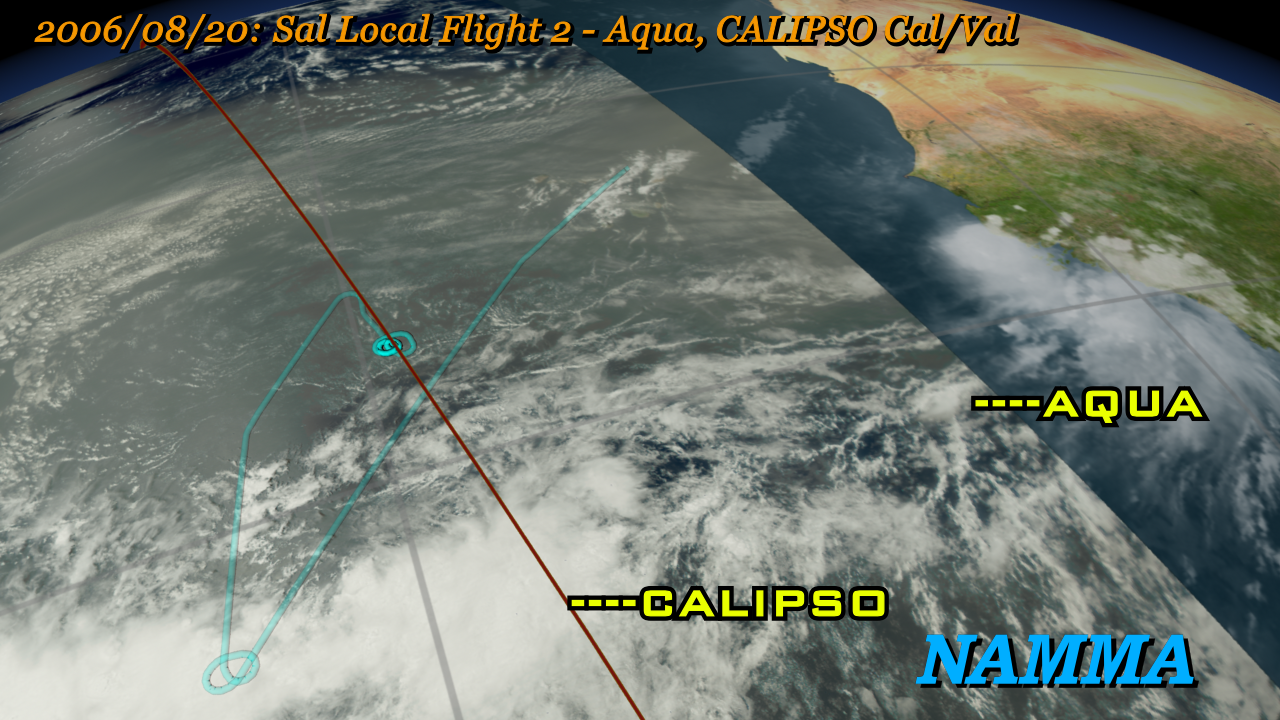 An animation of the NAMMA mission aircraft flights out of Sal, Cape Verde with satellite flight tracks indicated.