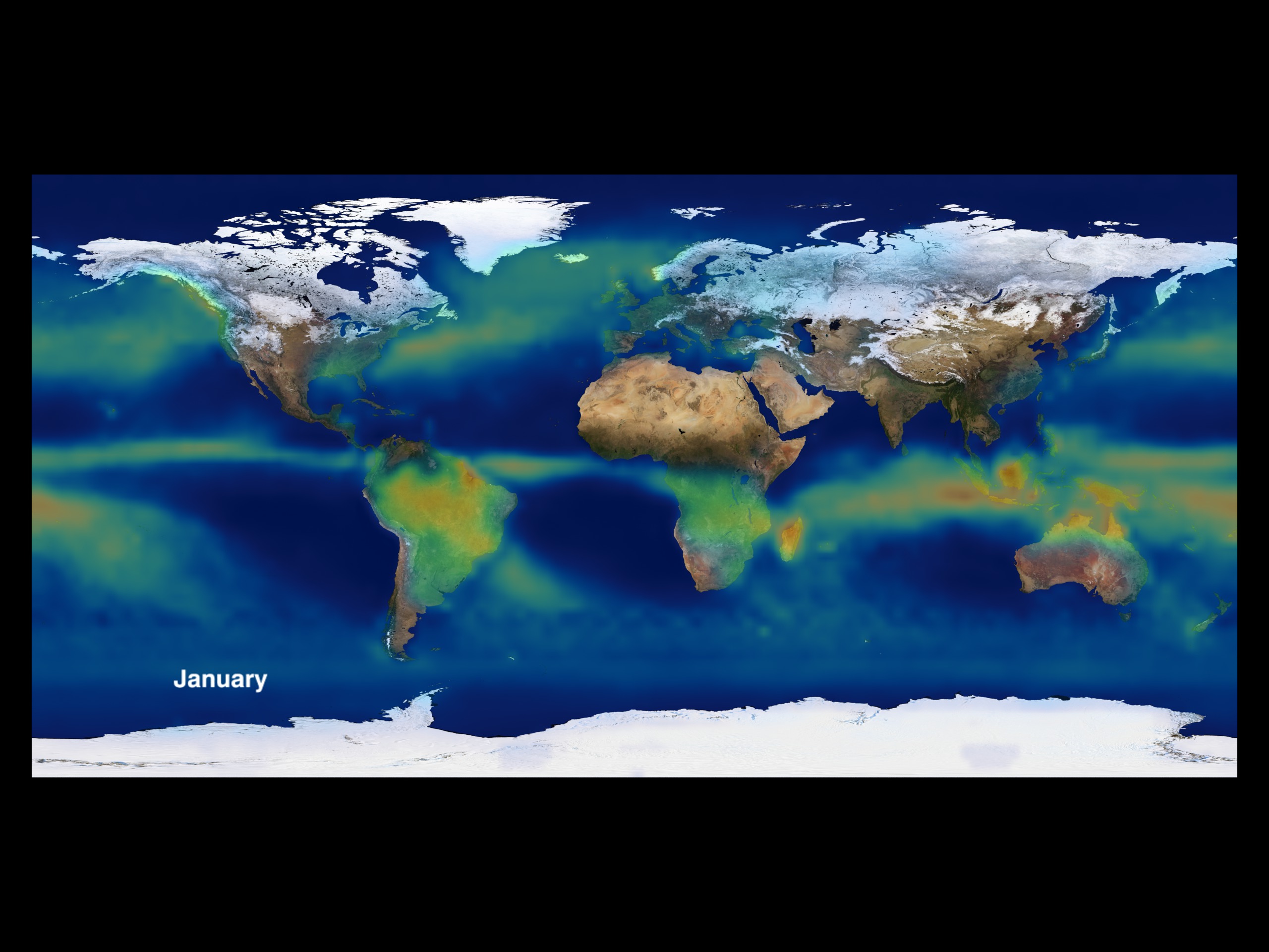 This animation of global precipitation cycles through the climatology data for the twelve months of the year and then repeats the cycle twice.