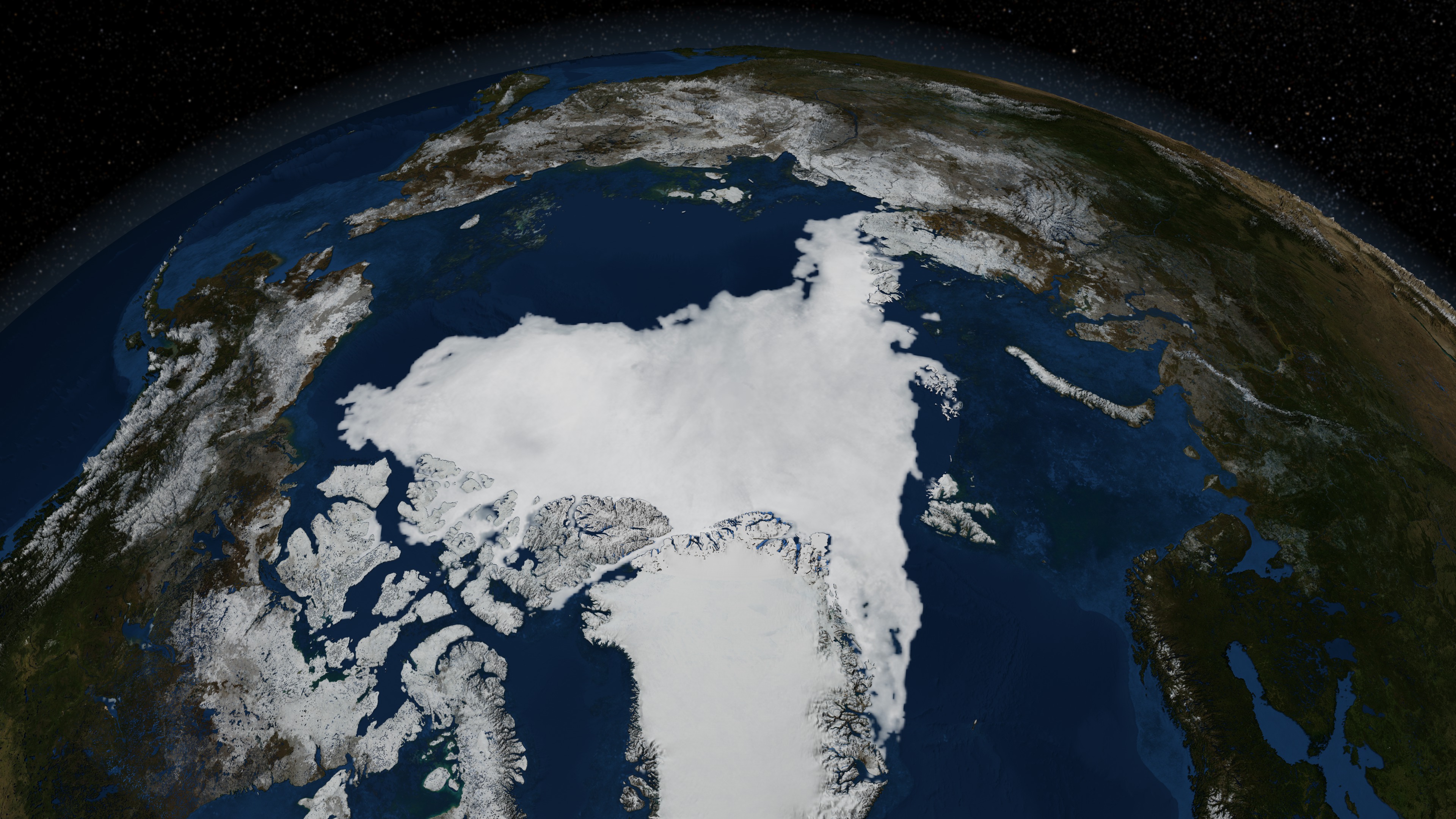 This animation progresses at a rate of six frames per day from January 1, 2007 through the minimum extent which occurred on September 14, 2007. The false color of the sea ice highlights the fissures in blue and consolidated sea ice in white.