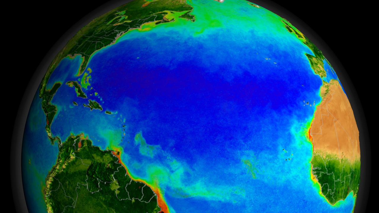 Animation depicting nearly a decades worth of SeaWiFS ocean chlorophyll concentration and land Normalized Difference Vegetation Index (NDVI) data. This animation begins by slowly spinning the earth around until settling over the North Atlantic.