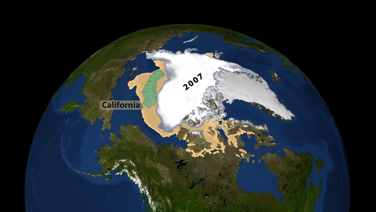 This animation shows a comparison between the 2005 and 2007 minimum sea ice extent.  The state of California, shown in green, is compared to the area of melted region.