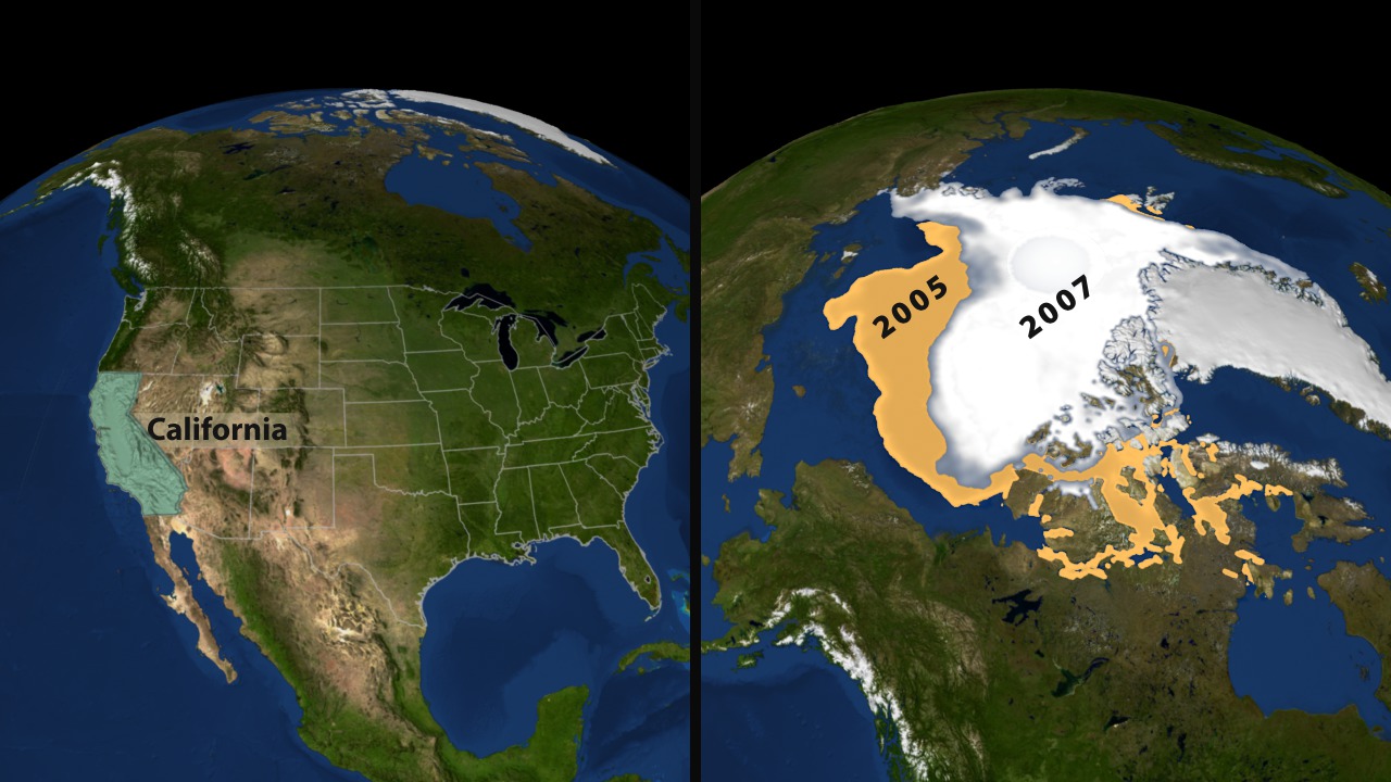 This animation shows a two zooms on a split screen: one to the United States and the other to the Arctic.  The Arctic shows the 2005 sea ice minimum extent and fades to show the 2007 minimum extent.  The state of California is placed in the melt region as a comparison of the area of the region.