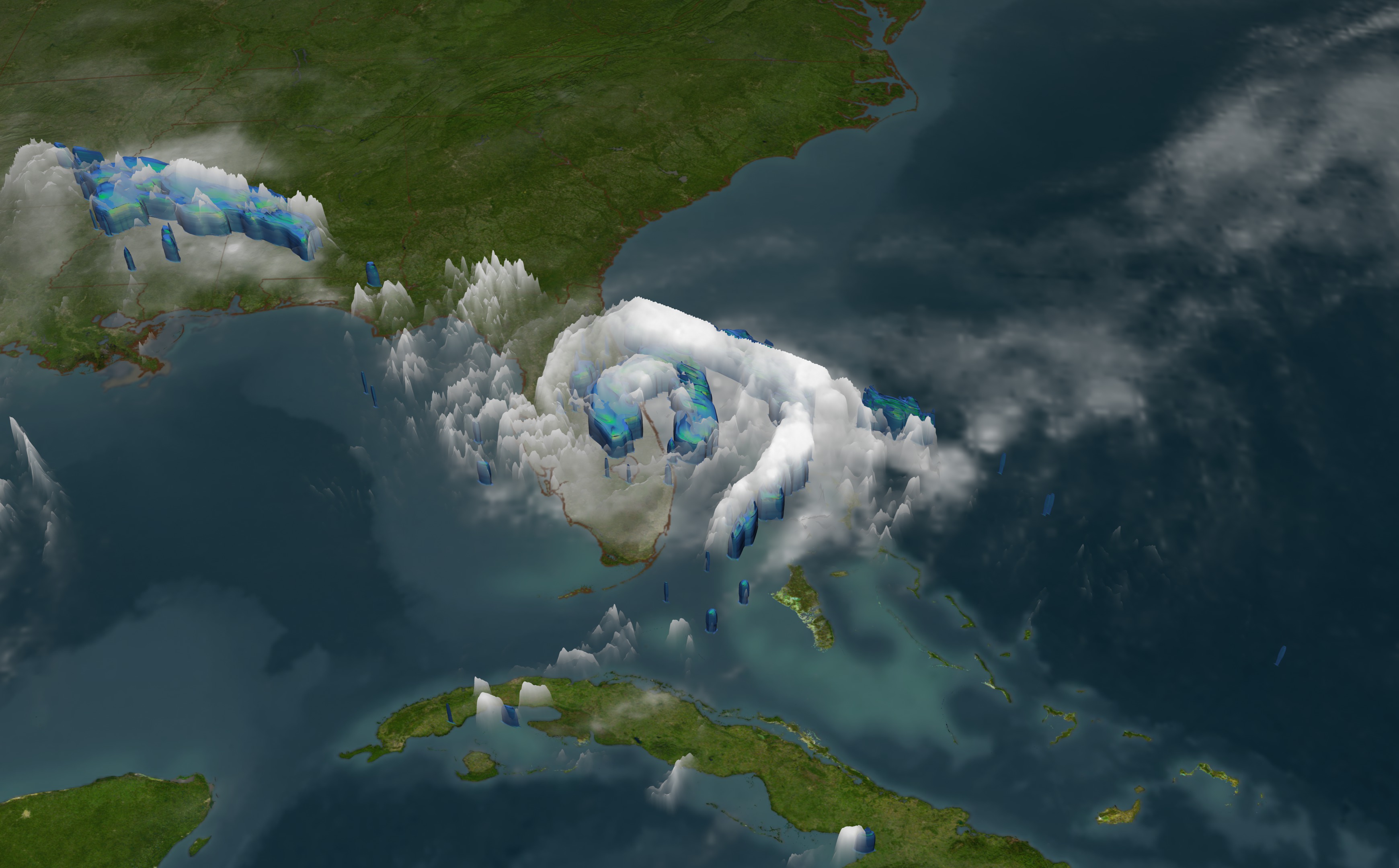 Tropical Storm Fay stalled over Eastern Florida dumping over 24 inches of rain. The blue region represents areas where the storm is dumping at least 0.25 inches of rain per hour and the green region is raining 0.5 inches of inches per hour.