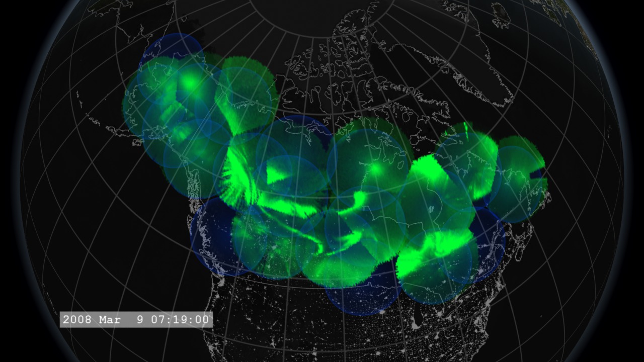 This movie zooms in on the Earth, revealing the placement of the ASI ground stations and their sky coverage. We observe the stations coming online as the night progresses.