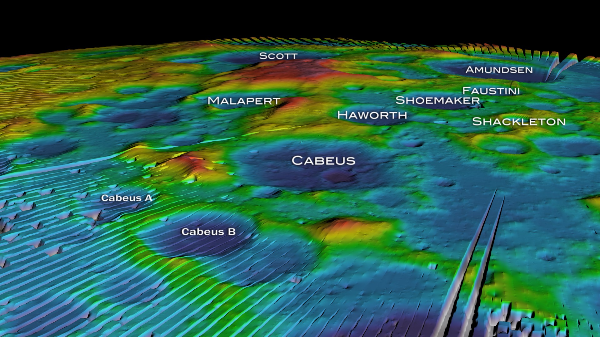 This animation shows some of the first results of the  LRO/LOLA instrument with labels over several craters.  As the virtual camera flies around the lunar south pole we not only get an indication of the moon's mysterious topography at this pole, but also a sense that this mission has just begun.