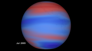 A global view of tropospheric column ozone from Jan 1, 2005 through Dec 31, 2005.