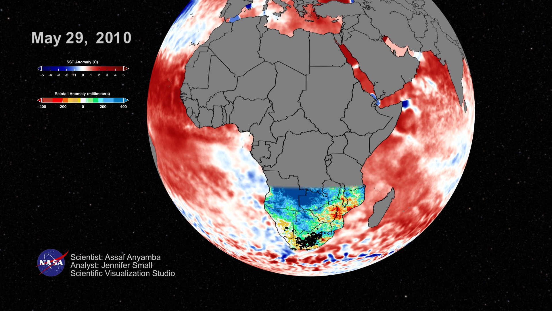 This visualization shows the relationships between Sea Surface Temperature (SST) Anomaly, Rainfall Anomaly and Rift Valley Fever (RVF) outbreaks in Africa during 2005-2010.