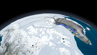 Flight lines (black) are shown for the 2010 campaign over Arctic sea ice and Greenland's land ice.Many flights target outlet glaciers along the coast where NASA's Ice, Cloud and land Elevation Satellite (ICESat) shows significant thinning. Blue and purple colors, respectively, indicate moderate to large thinning.