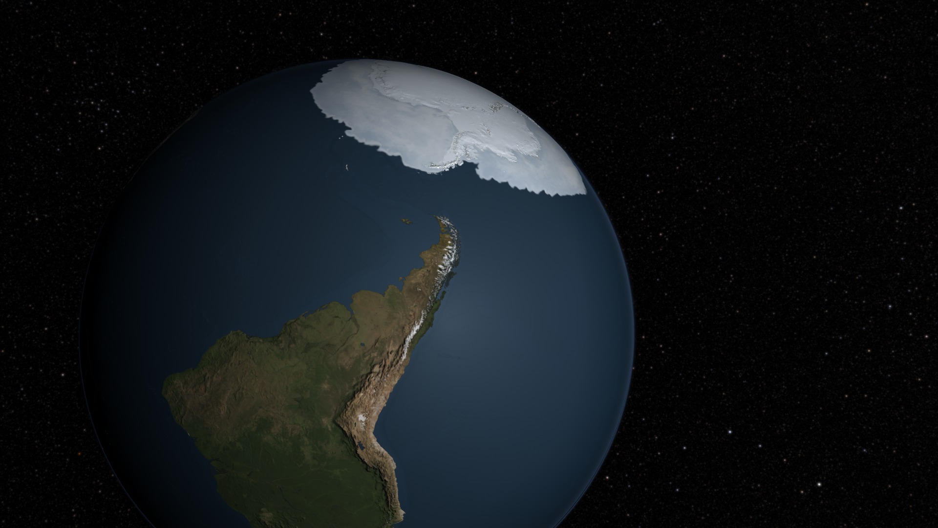 This animation shows the sea ice around Antarctica with a star background. 