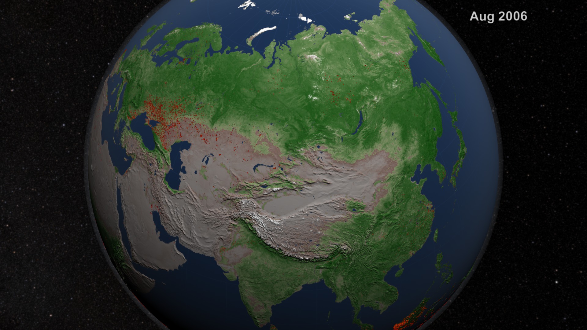 This animation shows fires over NDVI in the Boreal region in Eurasia from July 2002 through July 2011.  This still image is from August 15, 2006.This video is also available on our YouTube channel.