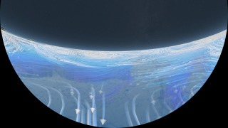 Wind and Ocean Circulation camera slowly pushes in towards the Earth revealing global wind patterns. The wind patterns are from the MERRA computational model of the atomsphere. As the camera continues to push in, the winds fade away, revealing ocean currents which are driven, in part, by the winds. The ocean currents are from the ECCO-2 computational model of the oceans and ice. Only the higher speed ocean currents are shown. The camera moves around the Western Atlantic highlighting the Gulf stream from above and below. The camera finally emerges from beneath sea level and moves over to the Gulf of Mexico to examine the Loop Current.