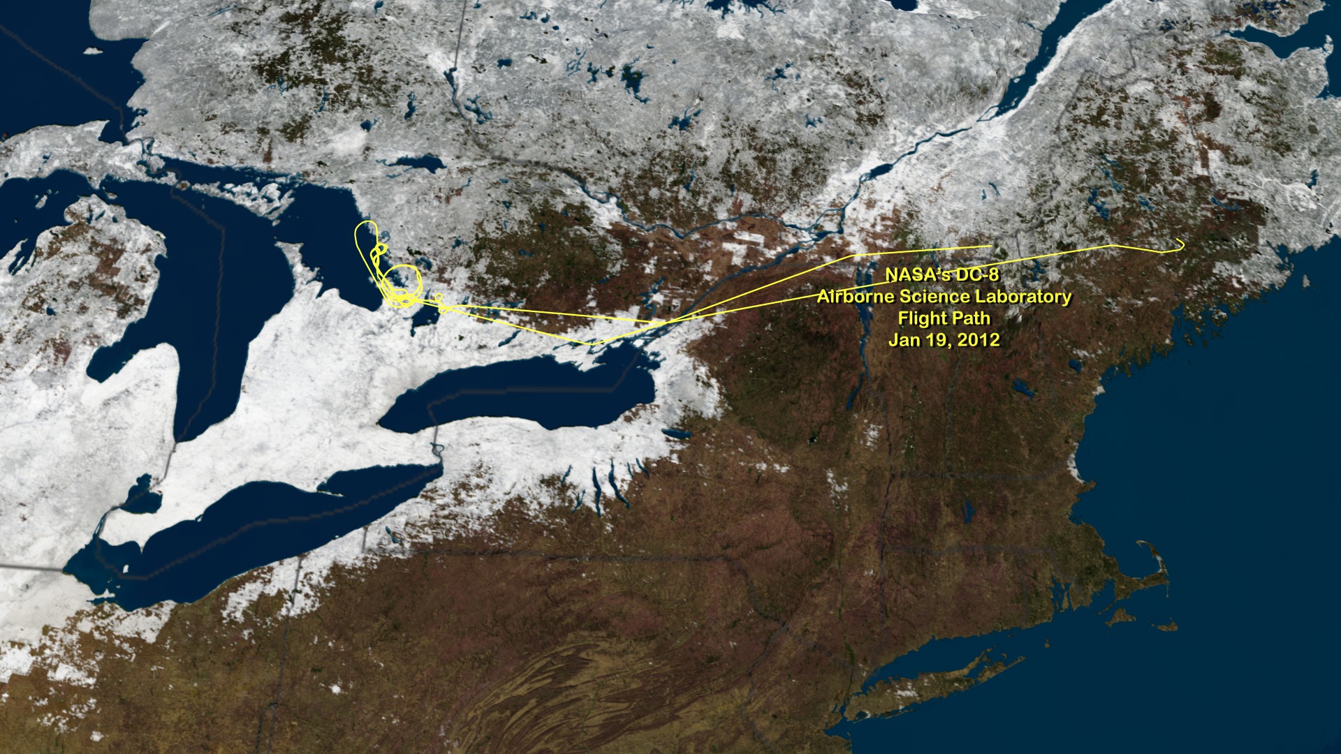 This animation of the flight path seen in yellow of NASA's DC-8 airborne science laboratory during the GCPEx 2012 field campaign.