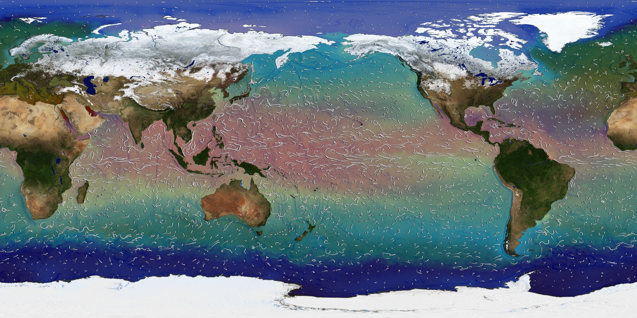 Example composite animation of ECCO2 Ocean Surface Flows over ECCO2 Sea Surface Temperatures.This video is also available on our YouTube channel.