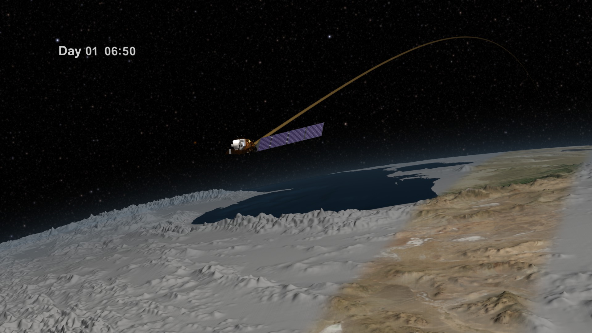 The composite animation of the Landsat Data Continuity Mission (LDCM) satellite orbiting the Earth, with the satellite, Earth, stars and day/time overlay.This video is also available on our YouTube channel.